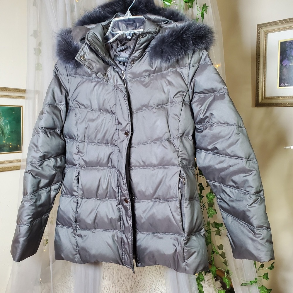 ELLEN TRACY Silver‎ Grey Parka Duck Down Chinese Fox Jacket Coat  Quiet Luxury